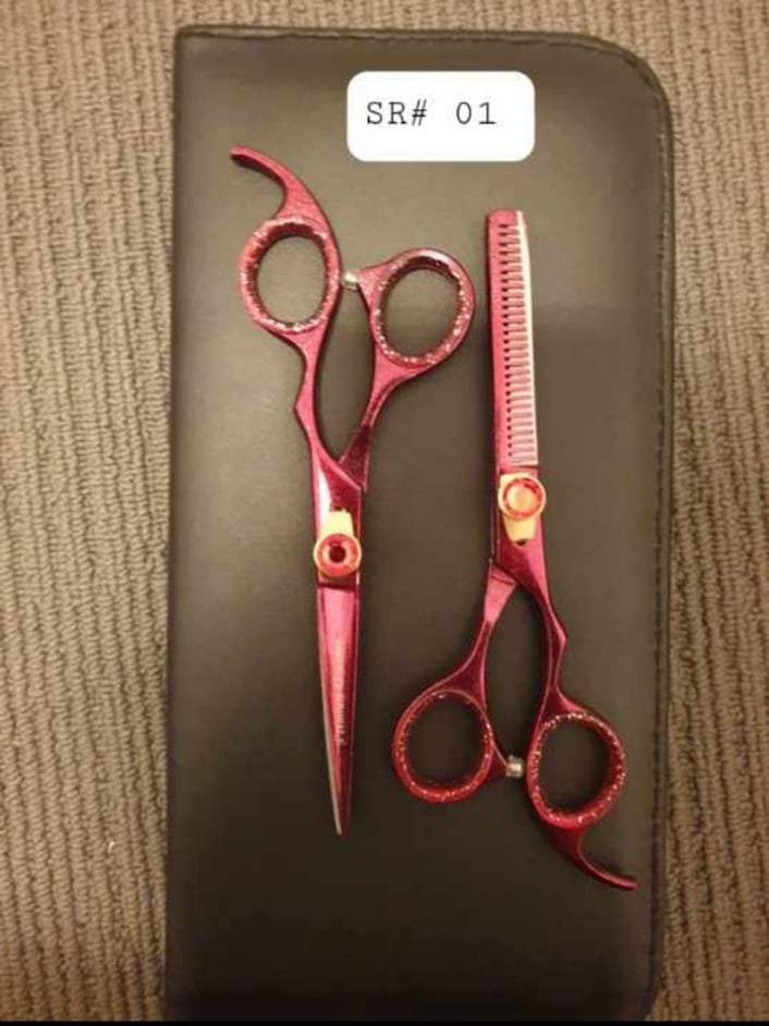 Item #01- 6.0 Hair Scissors (Pair) Red Finish Pearl Screw