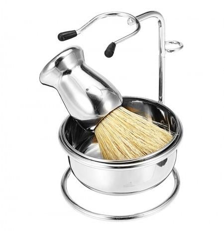 Shaving Brush, Holder and Bowl Set Silver - WAHairSuppliers